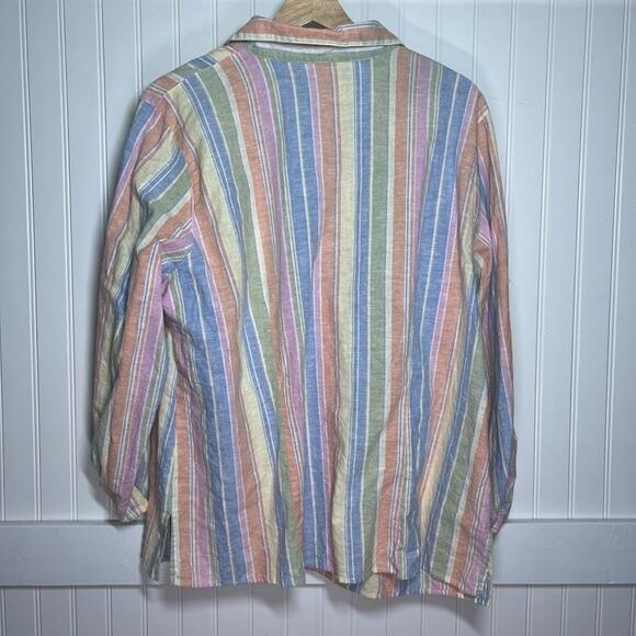 Vintage 2X Women's Rainbow Pastel Button Down Top Collar Striped Linen - Picture 3 of 9